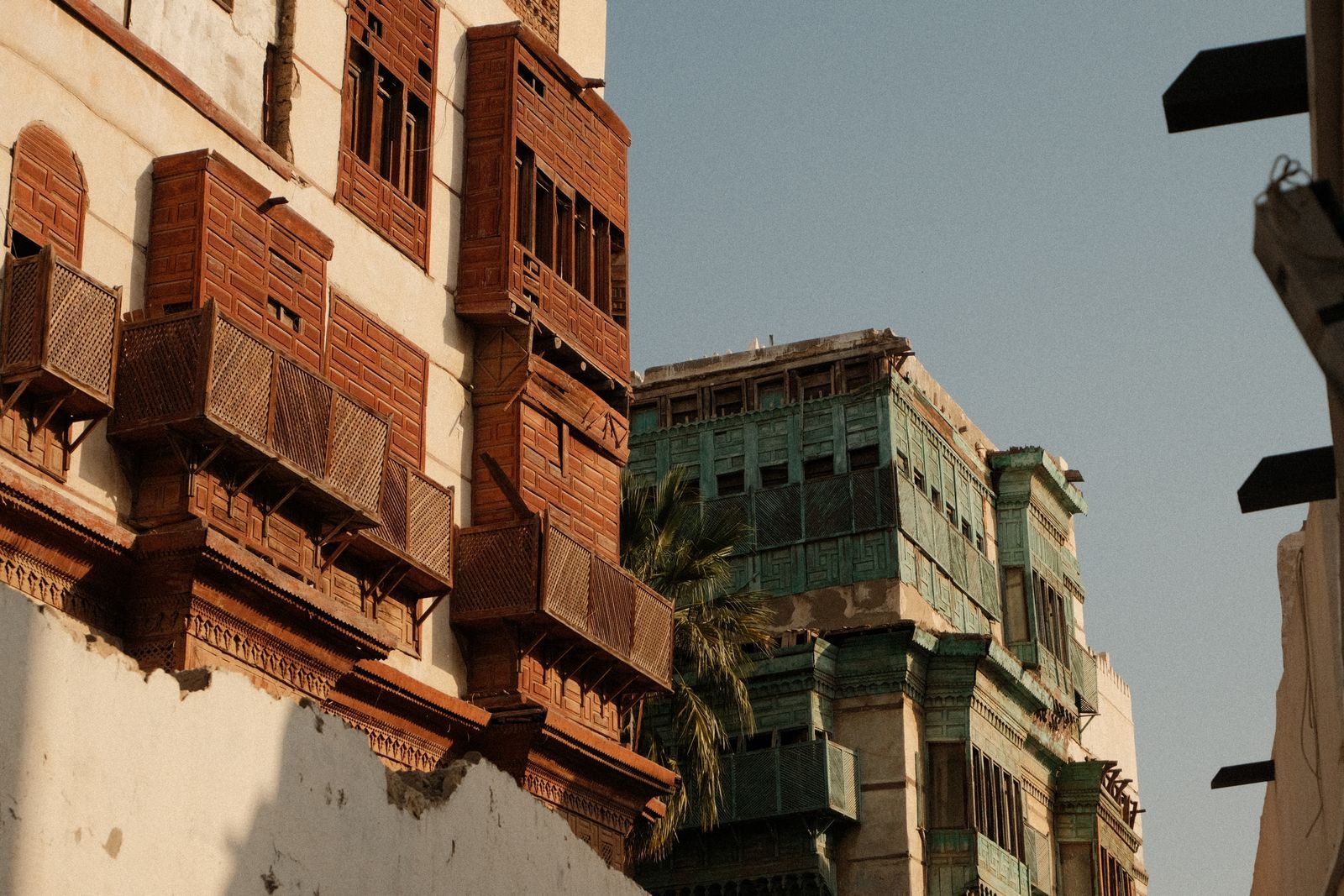 Historic architecture in Al-Balad, Jeddah, with its carved wooden roshan facades